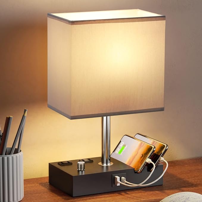 Grey Table Lamp for Bedroom - Stepless Dimmable, USB C+A, 2 AC Outlets | Dimming By Rotary Knob, USB C+A Ports, 2 Phone Stands, LED Bulbs Included, Rectangle Misty Grey Lampshade, for Living Room