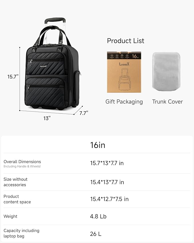 LUGGEX Underseat Carry On Luggage with Wheels, UDK Stylish Lightweight Under Seat Luggage, Soft Sided Personal Item Suitcase for Short Trip (UX-Core, All Black, 16 Inch)