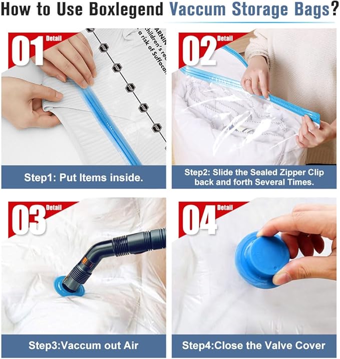 BoxLegend Vacuum Storage Bags with Large Hand Pump 24 Combo (1X-Jumbo, 4 Jumbo, 7 Large, 6 Medium, 6 Small) Thickened Vacuum Seal Bags for Clothing Blanket Pillow Comforters Bedding Quilt Coat