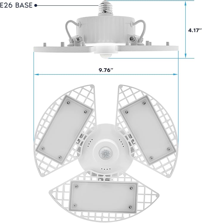 LUXRITE LED Garage Light 80W, 8000 Lumens, Deformable LED Garage Lights, 5000K, 3 Panel Garage Light, E26 Screw in Base, Adjustable Light, Damp Rated, ETL (1 Pack, White, Motion Sensor)