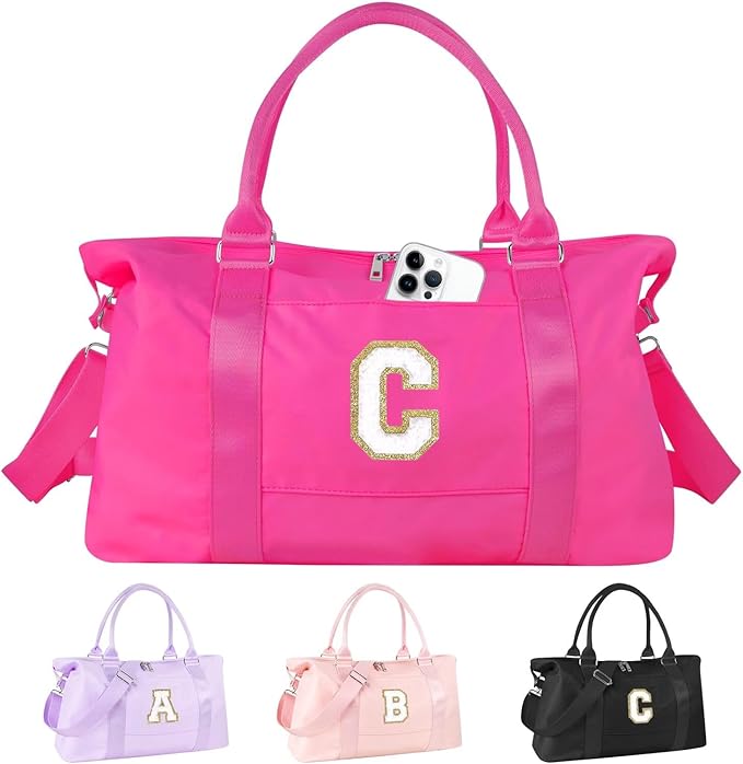 Dance Gym Duffel Bag for Teen Girls, Personalized Initial Travel Weekender Bag,Cute Overnight Carry On Duffle for Women,Sports Travel Cheer Bag,Monogram Christmas Gifts for Tween Preppy(rosered-C)