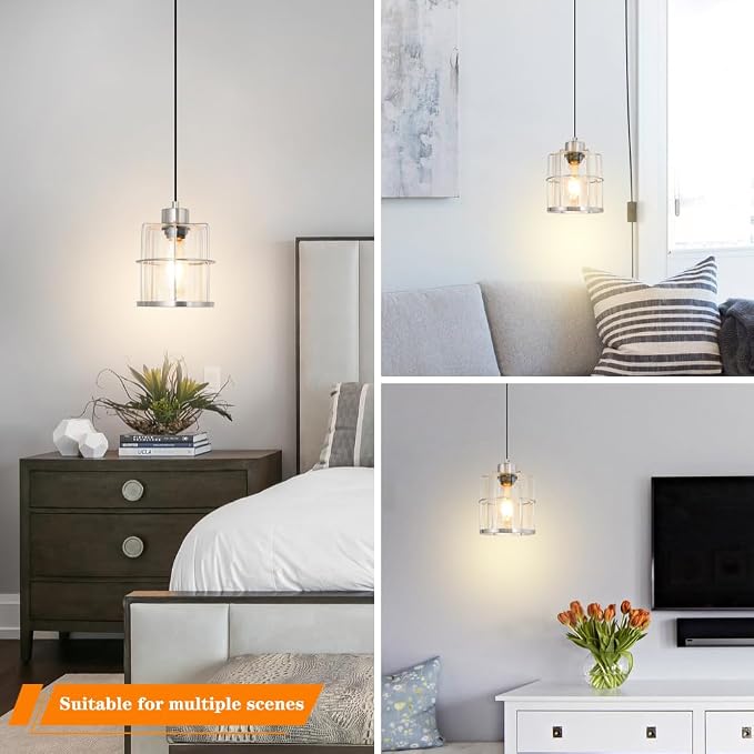Brushed Nickel Plug in Pendant Light, Hanging Lights with Plug in Cord, Corded Cage Hanging Lamp, Plug in Swag Light Fixtures with Clear Glass, Pendant Lights for Kitchen Island Living Room