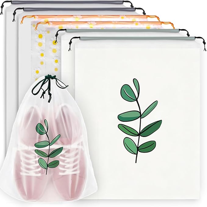 6PCS Clear Shoe Bags for Travel, 3 Pattern Design Travel Shoe Bags, Drawstring Shoe Travel Bags for Packing and Storage, Waterproof & Dustproof (15.7” x 11.8”)