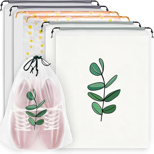 6PCS Clear Shoe Bags for Travel, 3 Pattern Design Travel Shoe Bags, Drawstring Shoe Travel Bags for Packing and Storage, Waterproof & Dustproof (15.7” x 11.8”)