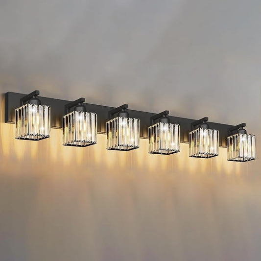 Black Crystal Bathroom Vanity Light, 6-Light Modern Bathroom Lighting Fixtures Over Mirror, Matte Black Wall Sconce Light Fixtures with Square Shade