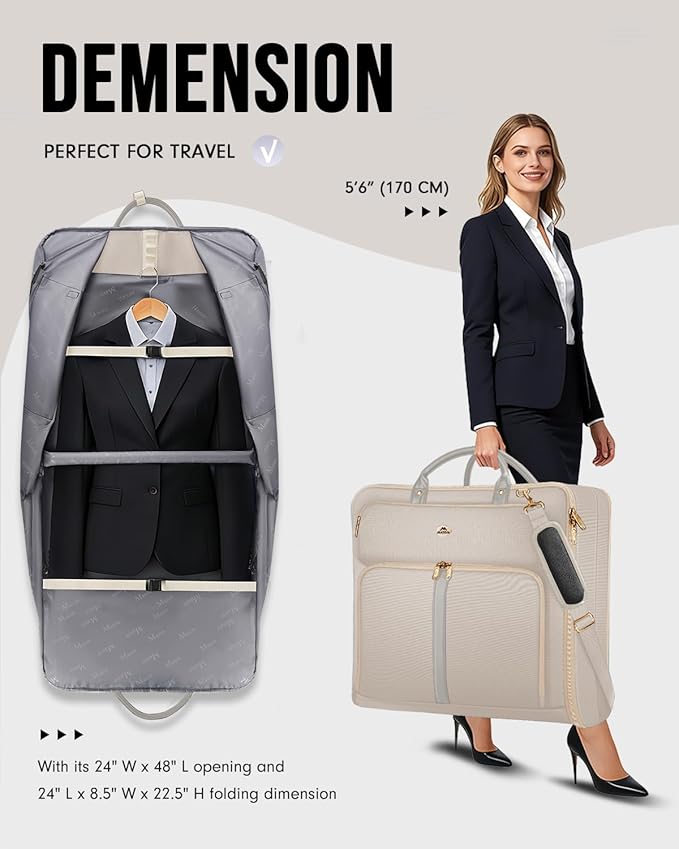 MATEIN Garment Bags for Travel for Women, Large Garment Bags for Hanging Clothes Up to 7 Suits, Business Convertible Travel Suit Carrier with Strap, Foldable Suitcase Luggage Fit 17.3" laptop, Beige