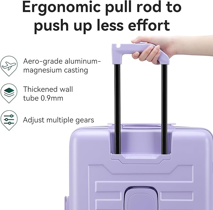 ROAMING 20 Inch Carry On Luggage Expandable Front Opening Rolling Vacation Suitcase with Spinner Wheels and TSA Lock Cup Holder PC Hard Shell Travel Trolley Case for Shout Business Trips purple