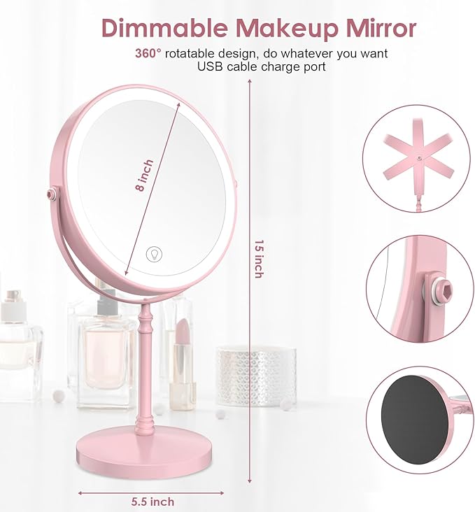 DEIOVWXS Makeup Mirror, 3000mAh Rechargeable Double-Sided Magnifying Vanity Mirror with 3 Colors, 1X/10X, 360° Rotation, Adjustable Brightness, Gifts for Mom, Women,Wife, Girls, Dorm Room Essential