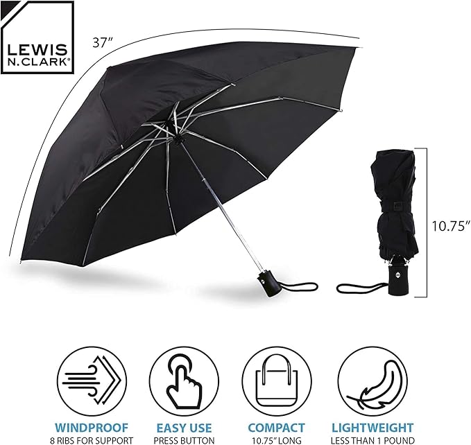 Lewis N. Clark Travel Umbrella: Windproof & Water Repellent Fabric, Automatic Open Close & 1 Year Warranty, Green