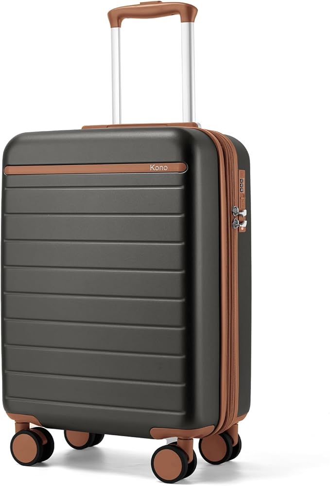Kono Expandable 20 Inch Carry On Suitcase Airline Approved, Lightweight ABS+PC Hardshell Luggage with 360° Silent Spinner Wheels, Grey/Brown