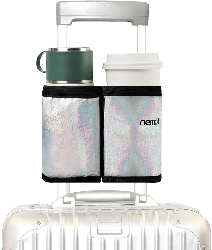 riemot Luggage Travel Cup Holder Free Hand Drink Carrier - Hold Two Coffee Mugs - Fits Roll on Suitcase Handles - Gifts for Flight Attendants Travelers Accessories Glitter Silver