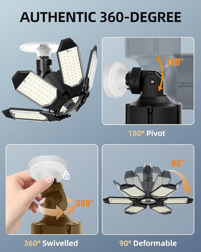 Rotatable LED Garage Light 2 Pack, Brighter Basement Ceiling Lights | LED Shop Lights w/ 6 Adjustable Panels, Screw in E26 E27 Socket Light Bulbs for Attic, Warehouse, Home Gym, Utility, Workshop