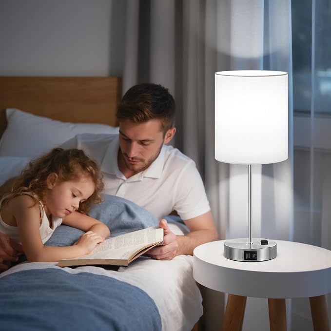 17.6" Silver Touch Lamps for Bedroom Set of 2, Dimmable, USB C+A, AC Outlet | Large 17.6" Tall Lamp, 3-Way Dimming, 5000K Daylight Bulbs, White Lampshade Silver Base, for Living Room, Boys, Men, Girls