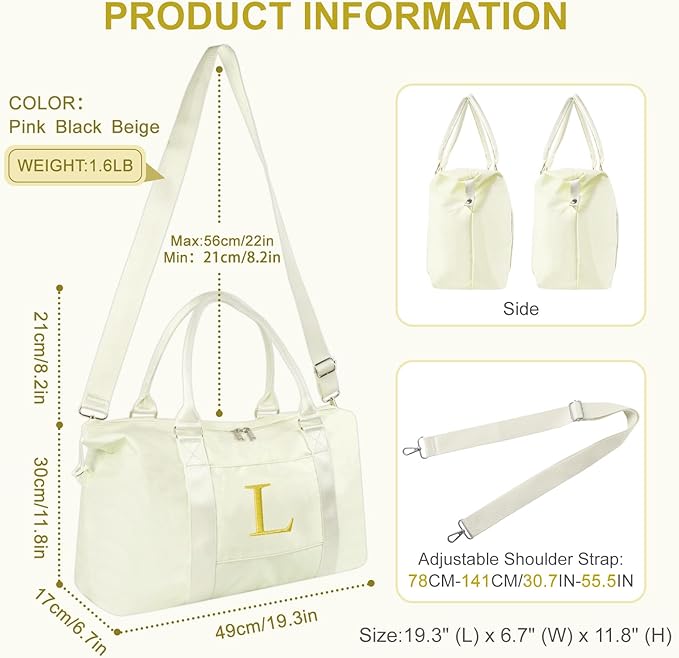 Personalized Initial Gym Dance Bag, Travel Duffel Bag for Teen Girls, Carry On Bag Overnight Weekender Bag with Trolley Sleeve, Birthday Gifts for Women Mom Daughter Graduation Gift(Letter L, Beige)