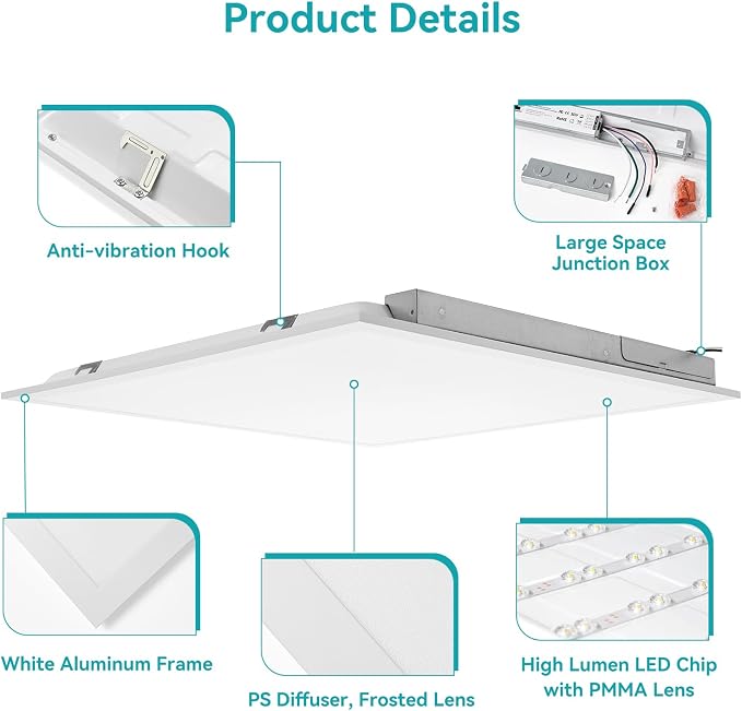 2x2 LED Flat Panel Light – 24 Pack | 3 Wattage 30W/40W/50W & 4 CCT 3K/4K/5K/6K Selectable, 0-10V Dimmable, 5500LM, ETL Listed, 100-277V