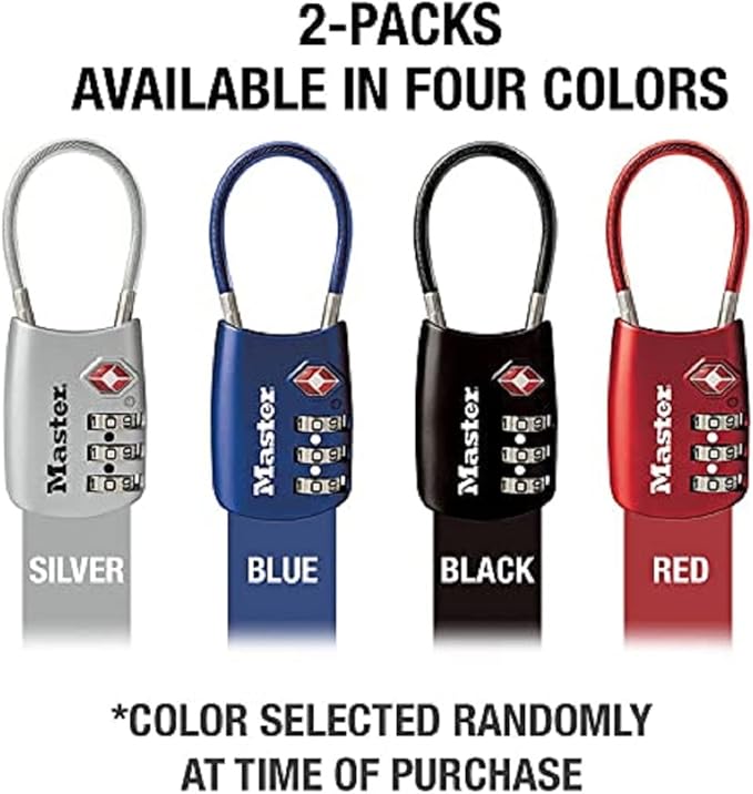 Master Lock Padlock, Set Your Own Combination TSA Locks for Luggage, Travel Zipper Lock with Cable Shackle is 1-3/16 in. Wide, Colors May Vary, 4688T, 2 Count (Pack of 1)