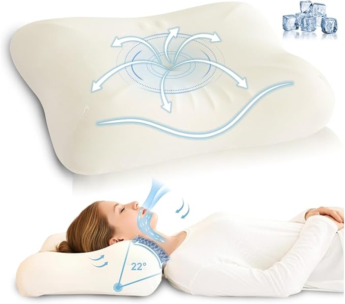 Cervical Neck Pillow for Pain Relief, Odorless Memory Foam Pillow with Cooling Cover & Dual Height, Ergonomic Contour for Neck & Shoulder Support, for Side, Back & Stomach Sleepers