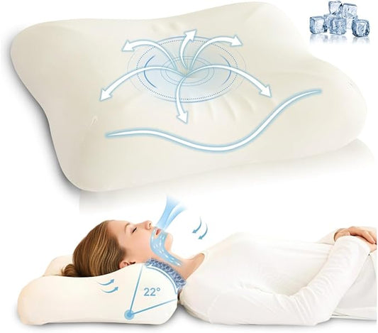 Cervical Neck Pillow for Pain Relief, Odorless Memory Foam Pillow with Cooling Cover & Dual Height, Ergonomic Contour for Neck & Shoulder Support, for Side, Back & Stomach Sleepers