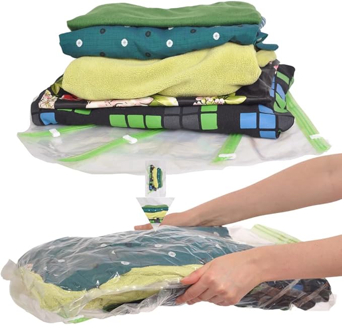 The Chestnut 8 Travel Space Saver Bags - No Vacuum or Pump - for Clothes - Reusable - Luggage Compression - Set of 4 L and 4 M Sacks - Transparent