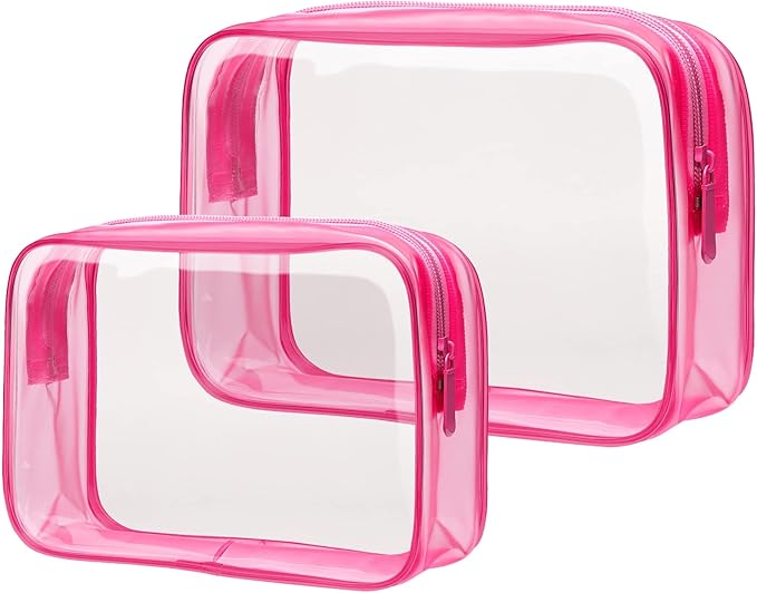 PACKISM TSA Approved Toiletry Bag 2 Pack - 1 Medium TSA Quart Carry-On & 1 Large for Checked Luggage, Water-resistant Clear Makeup Bag Clear Travel Bags for Toiletries, Matte Rose Red