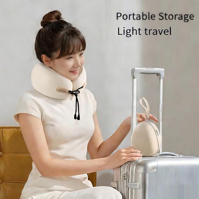 Travel Neck Pillow with Storage Case, 100% Pure Memory Foam, Airplane Head Support for Flight Sleeping, Portable, Beige