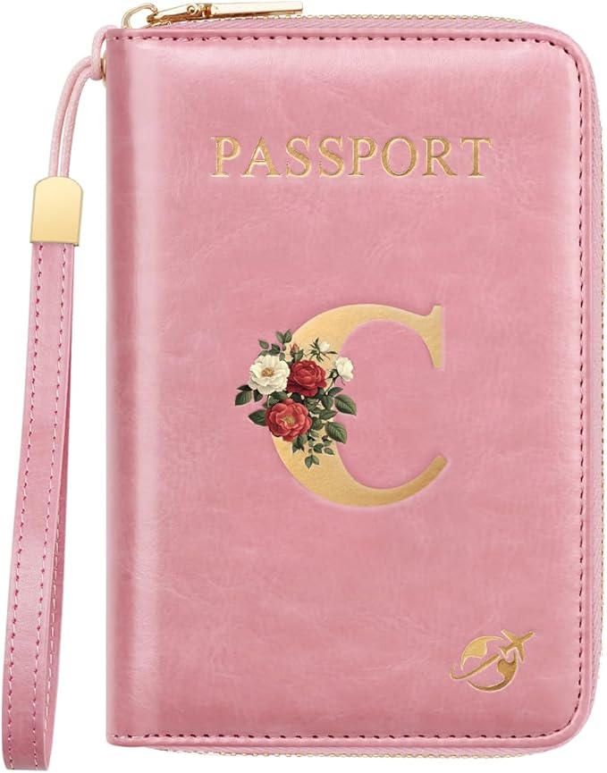 Passport Holder for Travel Personalized Passport Holder Initial Letter Rose Flower RFID Blocking Travel Wallets Credit Cards Holder for Women Men, Pink C
