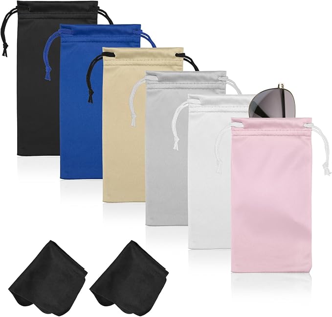 Hoiny 6 Pcs Microfiber Glasses Sunglasses Pouch with 2 Cleaning Cloths, Soft Drawstring Storage Bag for Phone, Eyeglass Case