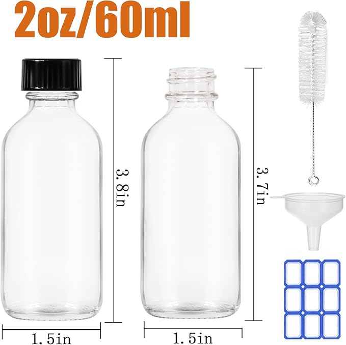 2 oz (60ml) 15 Pack Leak-Proof Clear Glass Boston Round Bottles with lids - Mini Travel Containers for Ginger Shots, Juice, Whiskey, Samples | W/Labels, Funnels & Brushes