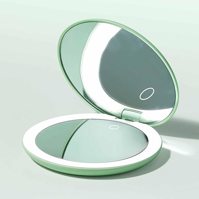 Fancii Taylor LED Lighted Compact Makeup Mirror, Rechargeable, 10x /1x Magnifying, 3 Light Settings, XL Large 5” Wide | Travel Mirror for Purses (Mint Green)