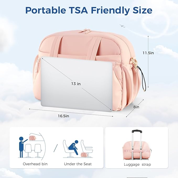 Gym Bag for Women, Puffer Travel Duffle Bag With Shoes Compartment & Wet Pocket, Carry On Tote Bag For Weekender, Overnight, Sport (Pink, Medium)