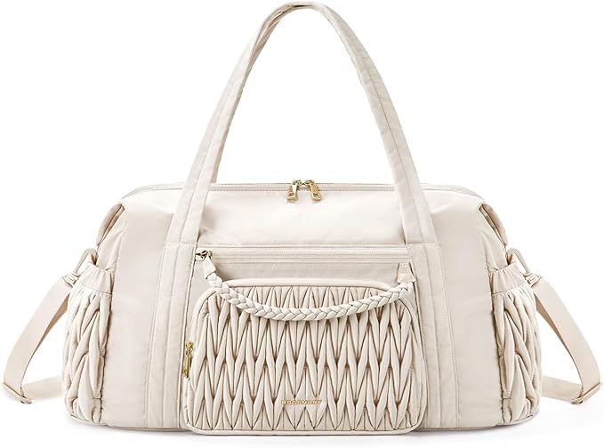 BAGSMART Quilted Duffle Bag for Women, Weekender Overnight Gym Travel Carry-On Bag, Beige