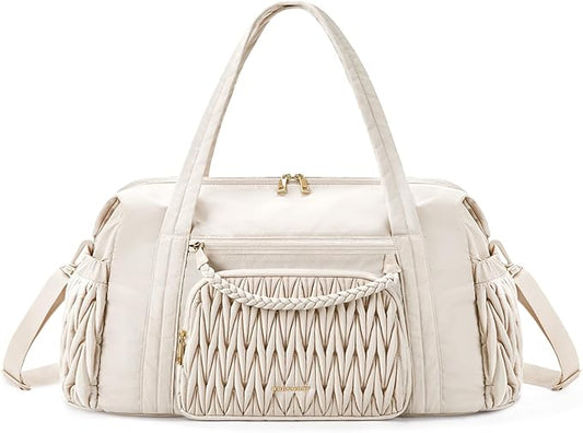 BAGSMART Quilted Duffle Bag for Women, Weekender Overnight Gym Travel Carry-On Bag, Beige