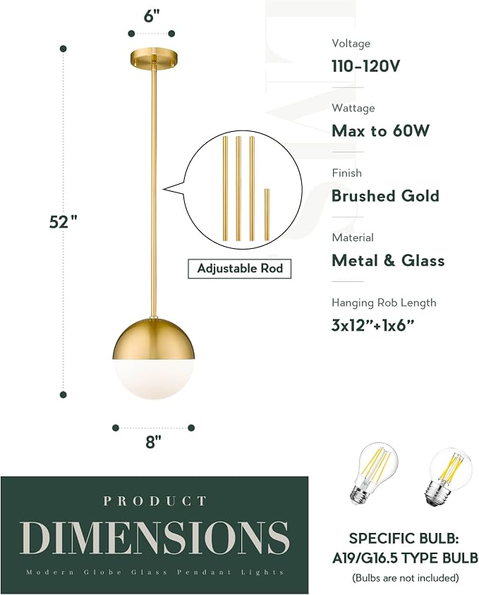 2-Pack Brushed Gold Pendant Lights, Modern Pendant Light with Milky Globe Glass Shade, Adjustable Hanging Lighting Rod for Kitchen Island Dining Room Bedroom, LMS-186BG2PK