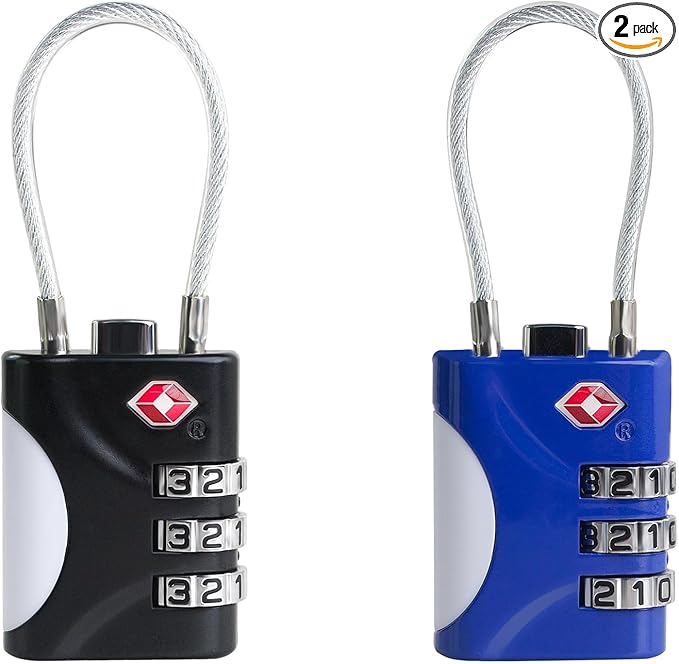 TSA Approved Luggage Locks - Small Combo Travel Padlock with Cable, TSA 007 Suitcase & Backpack Security, Durable & Easy to Use (Black+Blue)