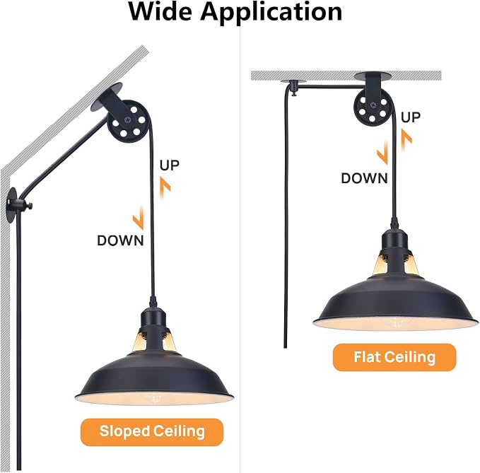 Lomoky Plug in Pendant Light, Hanging Lamp with Black Barn Pendant Lighting with 14.76ft Cord On/Off Switch, Adjustable Pulley Hanging Pendant Lighting for Kitchen Bedroom Restaurant 2 Pack