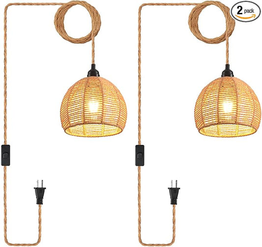 Plug in Pendant Light, Industrial Hanging Light with Plug in Cord Hemp Rope On/Off Switch Farmhouse Pendant Lamp with Plug in Cord, Vintage Hanging Lamps for Dining Room