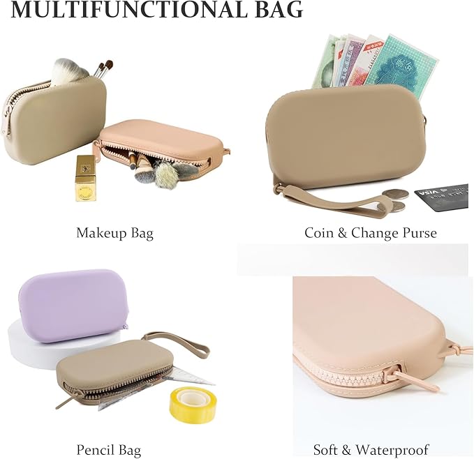 Small Silicone Multifunctional Essential Bag Portable Travel Makeup Bag for Women Men Cards Cash Bag Zipper Pouch (Khaki)