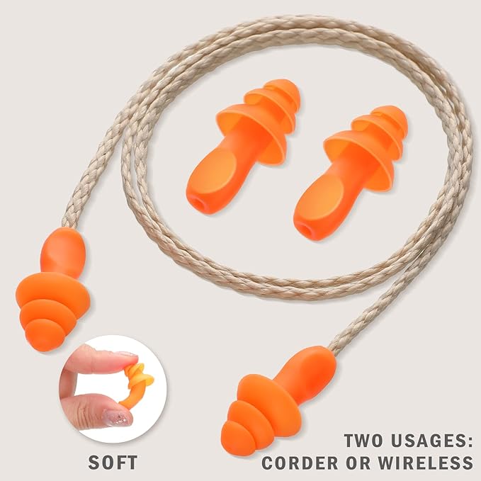 20 Pairs Corded Ear Plugs Reusable Silicone Earplugs with String Banded Ear Plug for Sleeping Noise Cancelling Noise Reduction Hearing Protection(Brown-Orange)