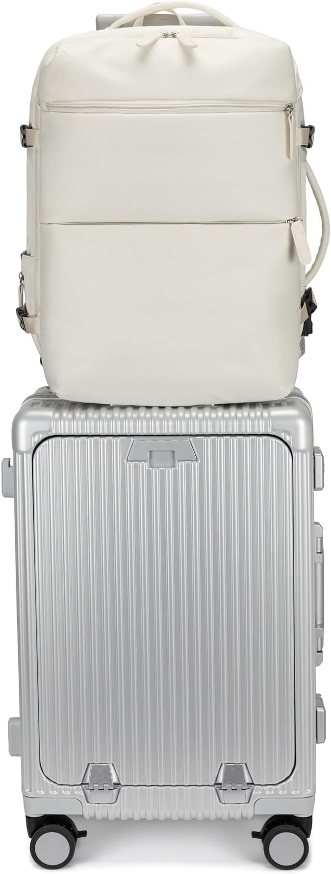 feilario 2 Piece Set Aluminium Frame PC Hard Shell Spinner Wheels Luggage,20.8"X15"X8.7 Airline Approved Built-In TSA lock Carry on Suitcase, with Cup Holder, USB Port, Phone Holder