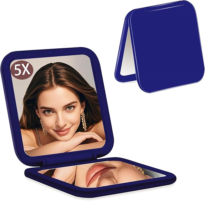 CYHTSHFZ Small Compact Mirror for Purse,5X/1X Travel Magnifying Mirror for Women, Makeup Mirror for Girls, Portable Ultra Slim Pocket Mirror（Dark Blue）