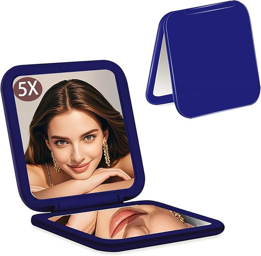 CYHTSHFZ Small Compact Mirror for Purse,5X/1X Travel Magnifying Mirror for Women, Makeup Mirror for Girls, Portable Ultra Slim Pocket Mirror（Dark Blue）