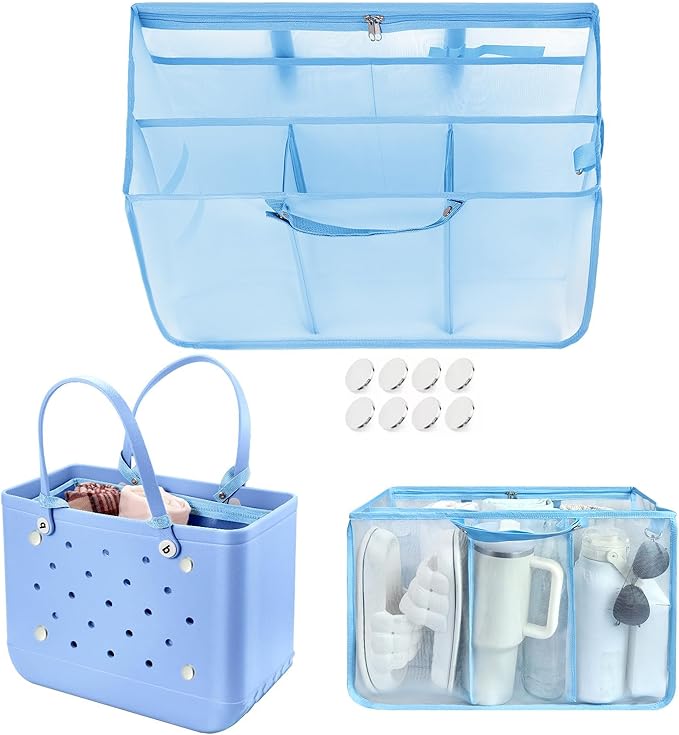 XYFuuee Beach Bag Organizer Inserts for Original Large Bogg Bag Accessories with 8 Removable Metal Fasteners, Lightweight Mesh Insert Divider Pouch, Organizing Rubber Tote, Save Space, Blue XL
