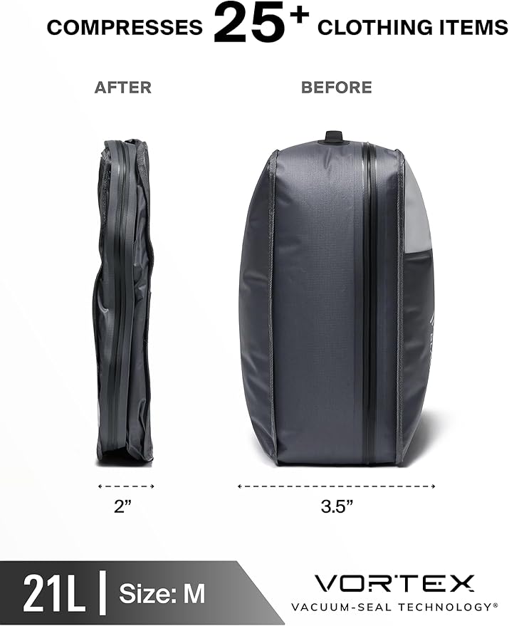 Black Voyage Reusable Vacuum Compression Travel Bag for Carry-On Suitcase and Backpack, Recycled IP67 Waterproof Space Saver Vacpack (2-Pack, 21L - Pump Included)