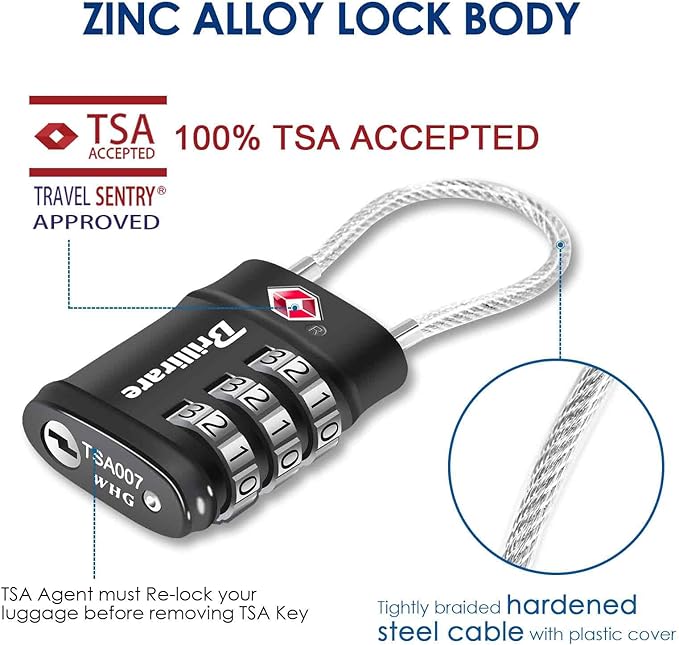 4 Pack TSA Approved Luggage Locks, Combination Travel Cable Lock, 3-Digit Waterproof Padlock, Zinc Alloy Outdoor Keyless Resettable Lock for Travel, Lockers, Bags, Backpack, Gym, Gate-by BRILLIRARE