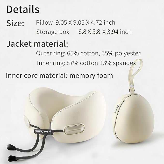Travel Neck Pillow with Storage Case, 100% Pure Memory Foam, Airplane Head Support for Flight Sleeping, Portable, Beige