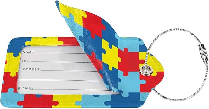 Autism Awareness Puzzles 2 Pcs Luggage Tags, Privacy Cover Id Label with Stainless Steel Loop and Address Card for Suitcases & Travel Bags