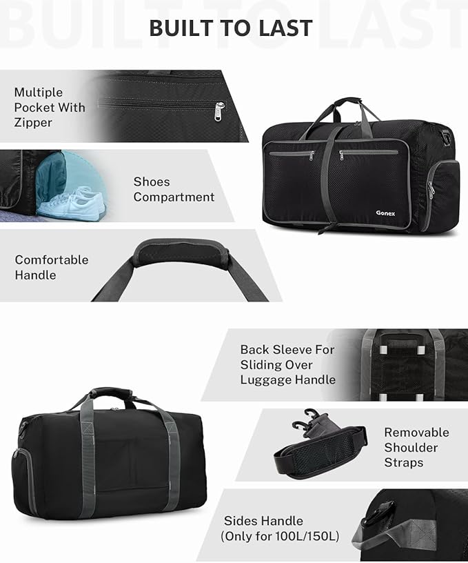 Gonex 40L 60L 80L 100L 150L Large Foldable Travel Duffle Bag with Shoes Compartment, Packable Lightweight Water Repellent Duffel Bag for Camping Gym Weekender Bag
