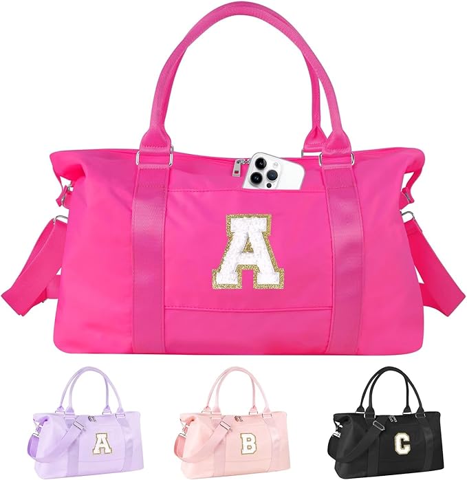 Dance Gym Duffel Bag for Teen Girls, Personalized Initial Travel Weekender Bag,Cute Overnight Carry On Duffle for Women,Sports Travel Cheer Bag,Monogram Christmas Gifts for Tween Preppy(rosered-A)