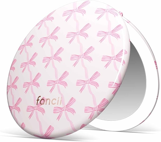 Fancii Taylor LED Lighted Travel Makeup Mirror, Rechargeable, 10x /1x Magnifying, Tru-Glow Lighting System, XL Large 5” Wide | Compact Mirror for Purses (Rosette Ribbon)