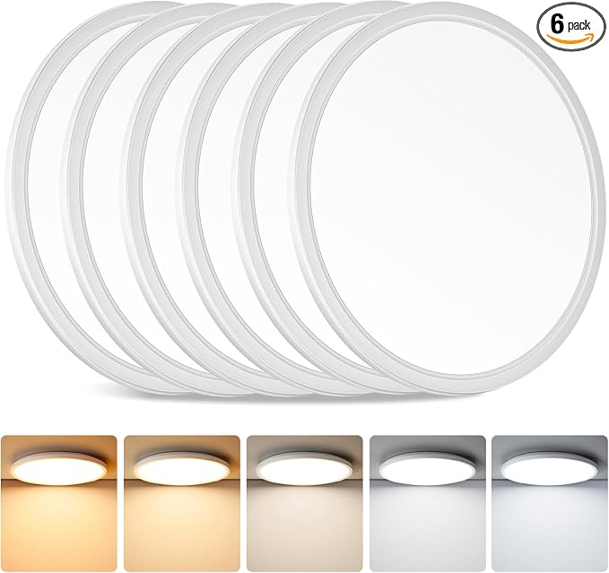 12 Inch LED Flush Mount Ceiling Light Fixture, Dimmable, 3200LM | 24W 2700K/3000K/4000K/5000K/6500K Selectable Super Slim Low Profile Ceiling Lamp for Kitchen, Bedroom, Closet, White 6Pack